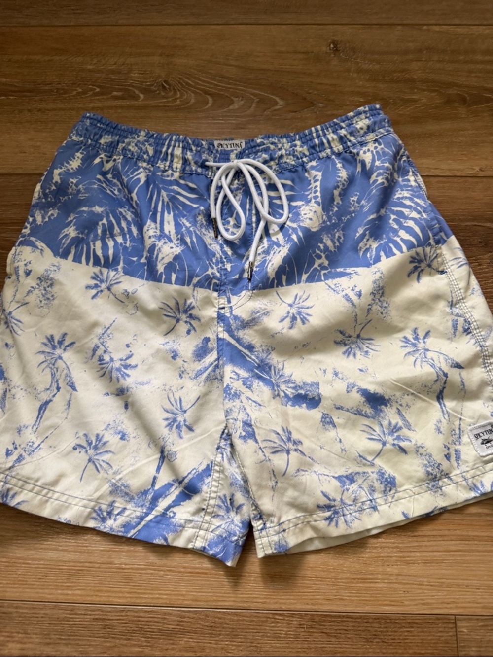 Spicy Tuna Blue and Cream Palm-Print Swim Trunks